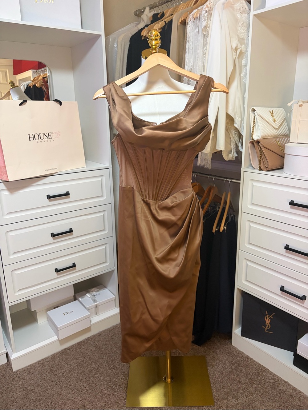 House of CB Lulu Toffee Asymmetric Drape Midi Corset Dress -S - Picture 4 of 15